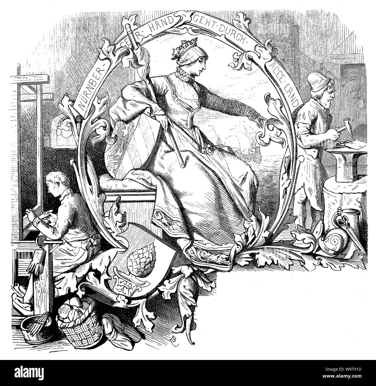 Typografie frontispiz Kapitel eines deutschen Buch: Allegorie des Mittelalters Industrie eine mythologische Figur und der Arbeitnehmer Stockfoto