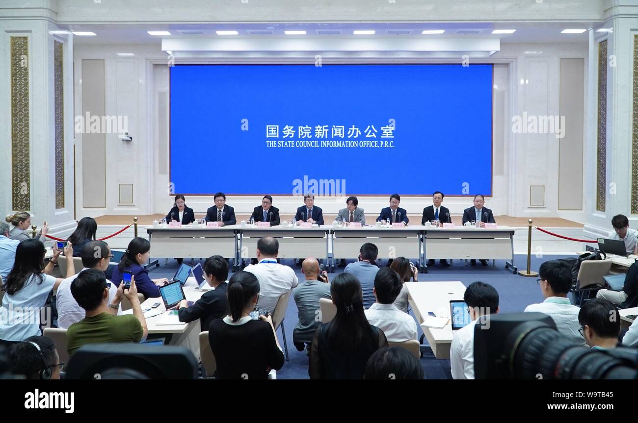 Peking, China. 15 Aug, 2019. Experten Bemerkung über die aktuelle Situation in Hong Kong bei einer Pressekonferenz vom Staatsrat Informationen Büro in Peking, der Hauptstadt von China, 15 August, 2019 statt. Credit: Cai Yang/Xinhua/Alamy leben Nachrichten Stockfoto