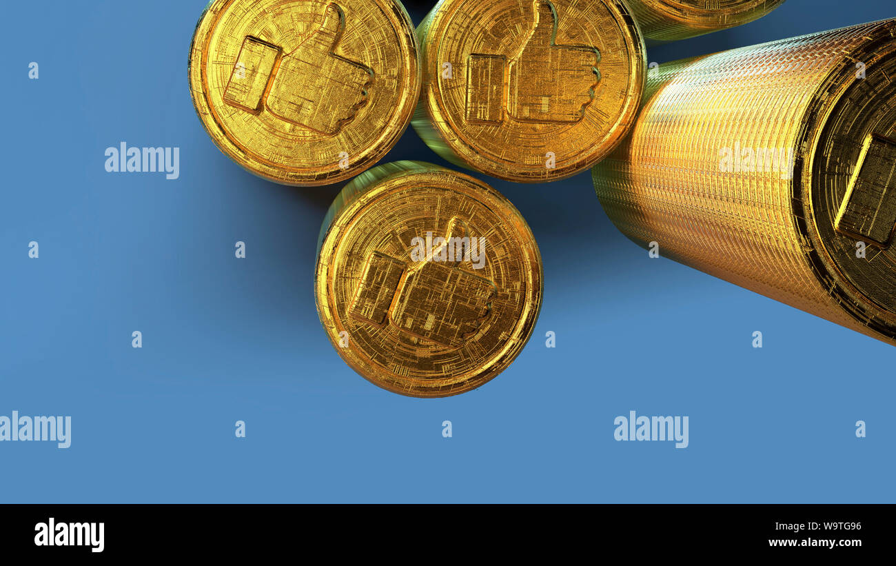 3D-rendering Daumen hoch wie Emote globalen digitalen crypto Währung Bergbau Future Finance Revolution isoliert Blue Background Copy space Bull Run Stockfoto