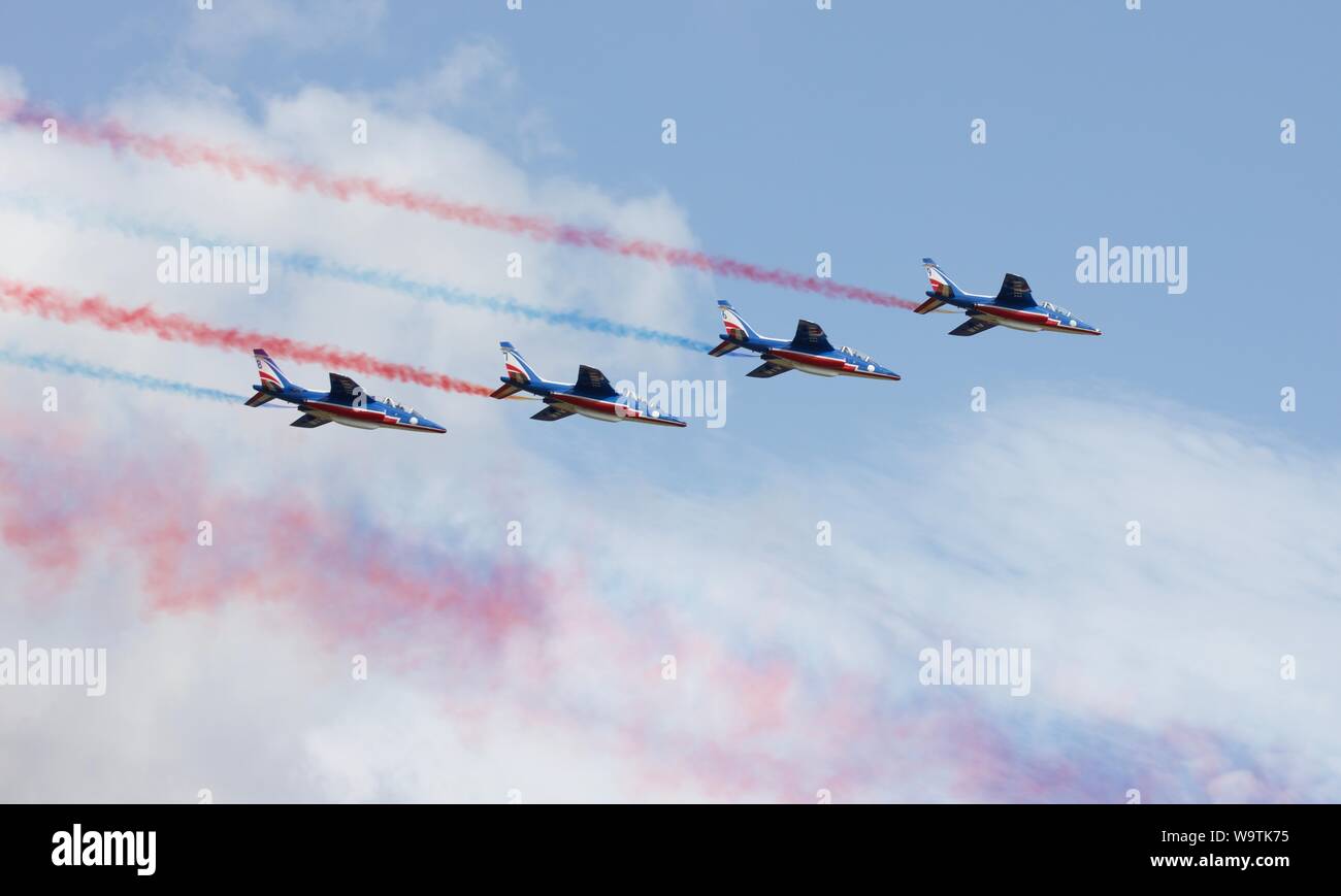 4 Alpha-Jets aus der französischen Luftwaffe akrobatische Flying Team 'Patrouille de France' an der Royal International Air Tattoo 2019 Stockfoto