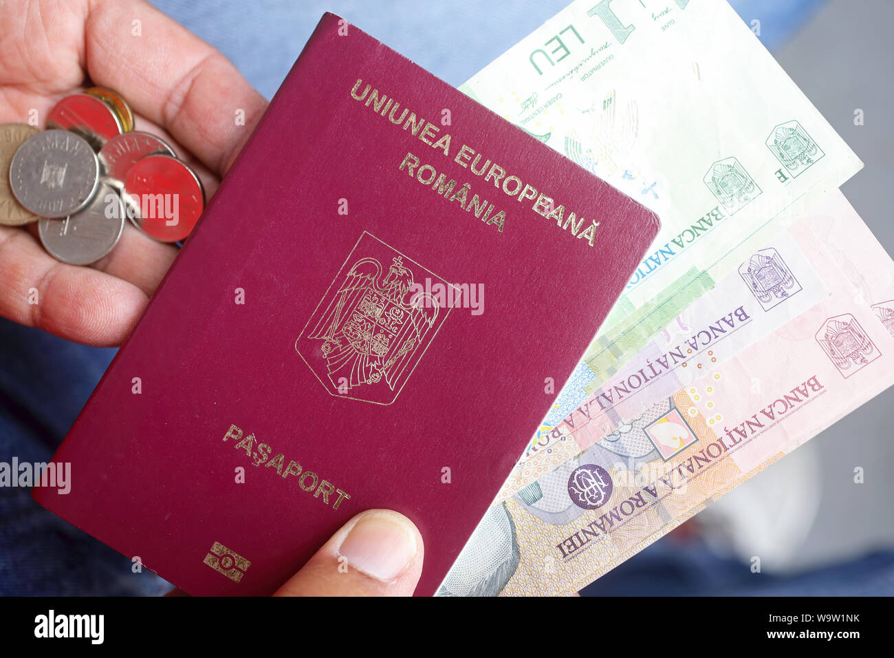 Mann mit rumänischen EU-Pass mit lei Währung. Stockfoto