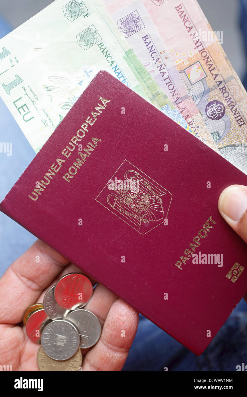 Mann mit rumänischen EU-Pass mit lei Währung. Stockfoto