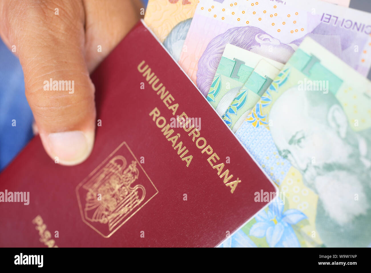 Mann mit rumänischen EU-Pass mit lei Währung. Stockfoto