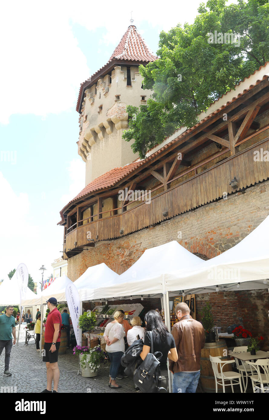Gastronomie Food Market auf historischen Str Cetatii, in der Altstadt von Sibiu in Siebenbürgen, Rumänien Stockfoto