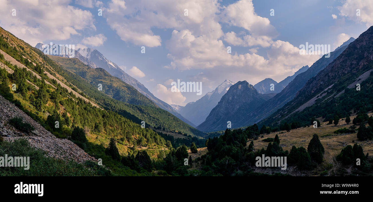 Panorama der Berge im Sommer, Luftbild. Eine fabelhafte Aussicht auf die Berggipfel, beeindruckende Natur, Sommer in den Bergen. Reisen, Tourismus. Stockfoto
