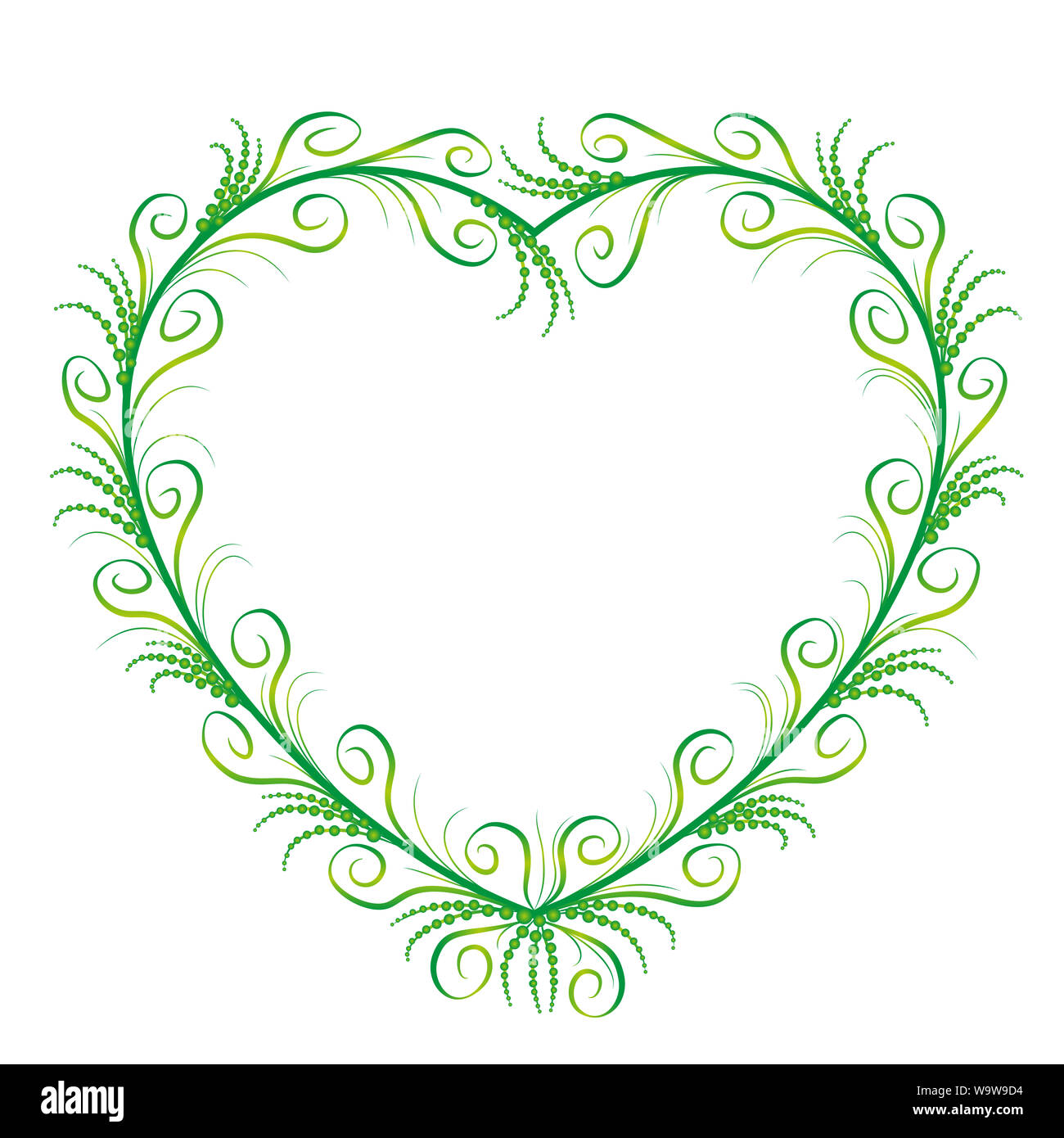 Romantische, elegante grüne Herz Ornament mit zarten, filigranen, anmutig und sylphlike blüht - Abbildung auf weißem Hintergrund. Stockfoto