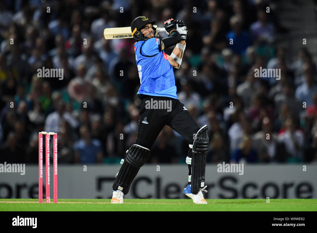 LONDON, VEREINIGTES KÖNIGREICH. 15 Aug, 2019. David Wiese von Sussex Crircket Verein während T 20 Vitalität Blast Befestigung zwischen Surrey vs Sussex am Kia Oval Cricket Ground am Donnerstag, 15. August 2019 in London, England. Credit: Taka G Wu/Alamy leben Nachrichten Stockfoto