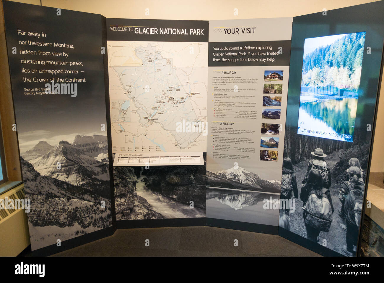 Glacier National Park Geschichte Zeichen/Anzeige innerhalb des Apgar Visitor Centre, Montana Stockfoto