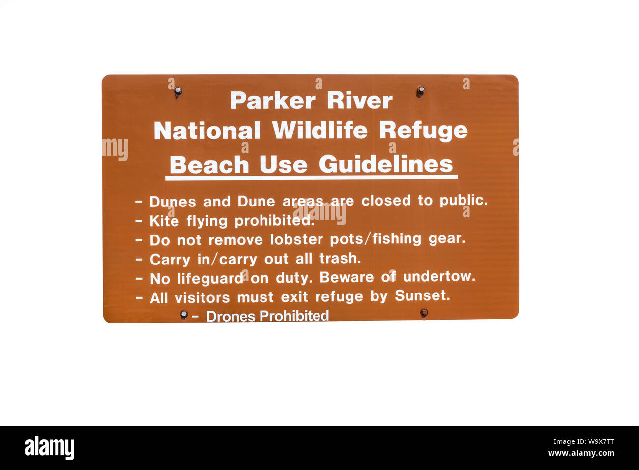 Parker River National Wildlife Refuge Strand Leitlinien für die Verwendung des Zeichens isoliert auf weißem Stockfoto