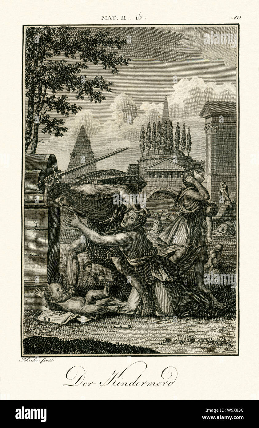 Vorderasien, Westjordanland, Bethlehem,' Der 'Kindermord in Betlehem, Tötung aller männlicher Kleinkinder, angeordnet von König Herodes, Kupferstich von Carl Schuler, um 1790, aus einem Werk des 18. Jahrhundert. / Naher Osten, Palästinensische Gebiete, West Bank, Bethlehem", Der Mord der unschuldigen Kinder", bestellt von Herodes dem Großen, Kupferstich von Carl Schuler, um 1790, aus einem Buch aus dem 18. Jahrhundert. Stockfoto