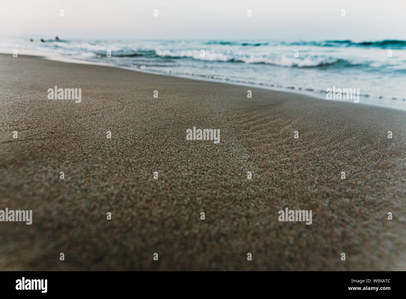 Kleine Wellen erreichen das Ufer eines ruhigen Strandes und Nass der feine Sand, Hintergrund der Ruhe und Urlaub, bei Sonnenuntergang. Stockfoto