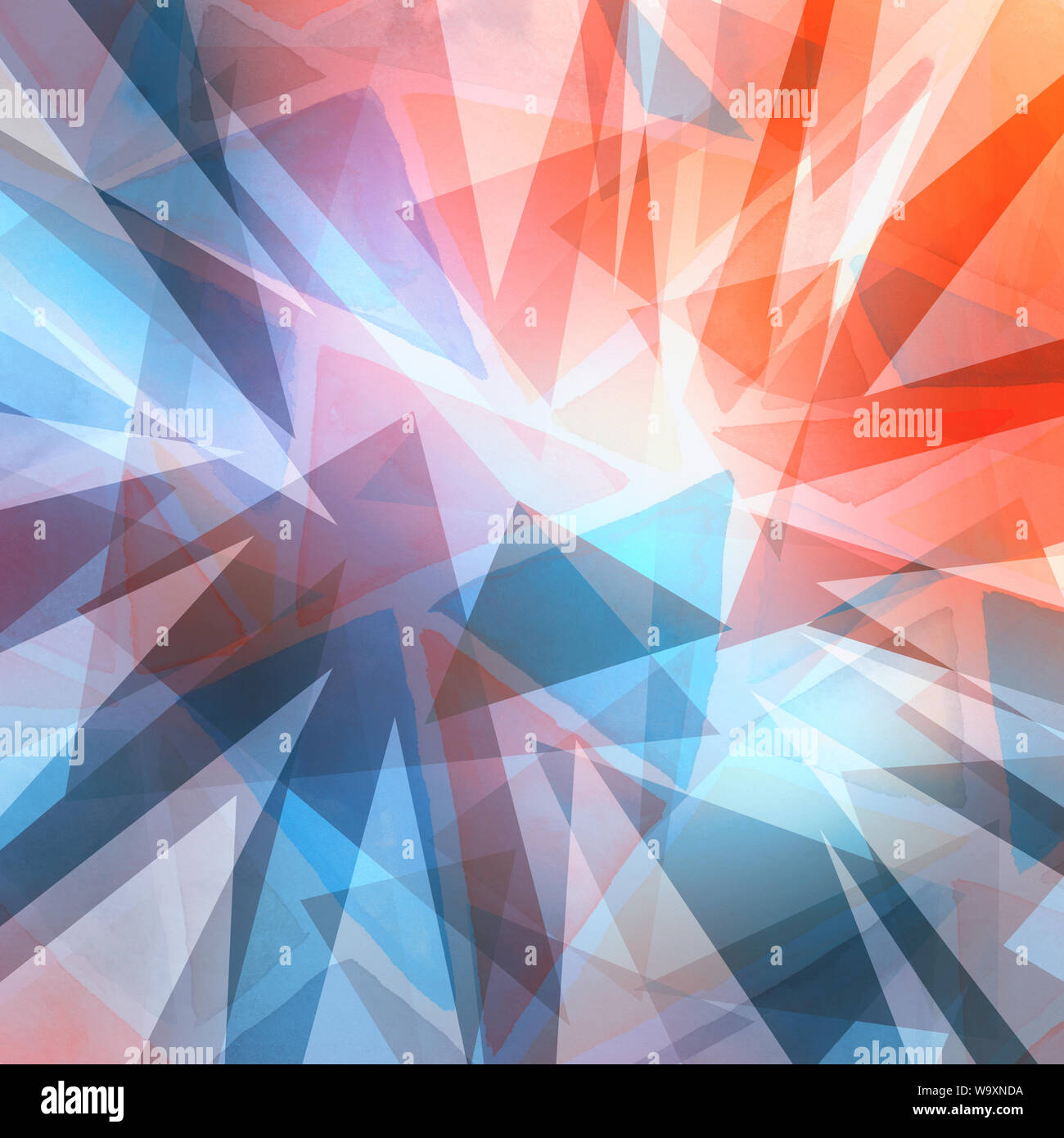 Abstrakte Dreieck Formen schichtweise in zufälligen Muster, Orange Blau und Lila auf weißem Hintergrund, transparente geometrische Dreieck Hintergrund design Stockfoto