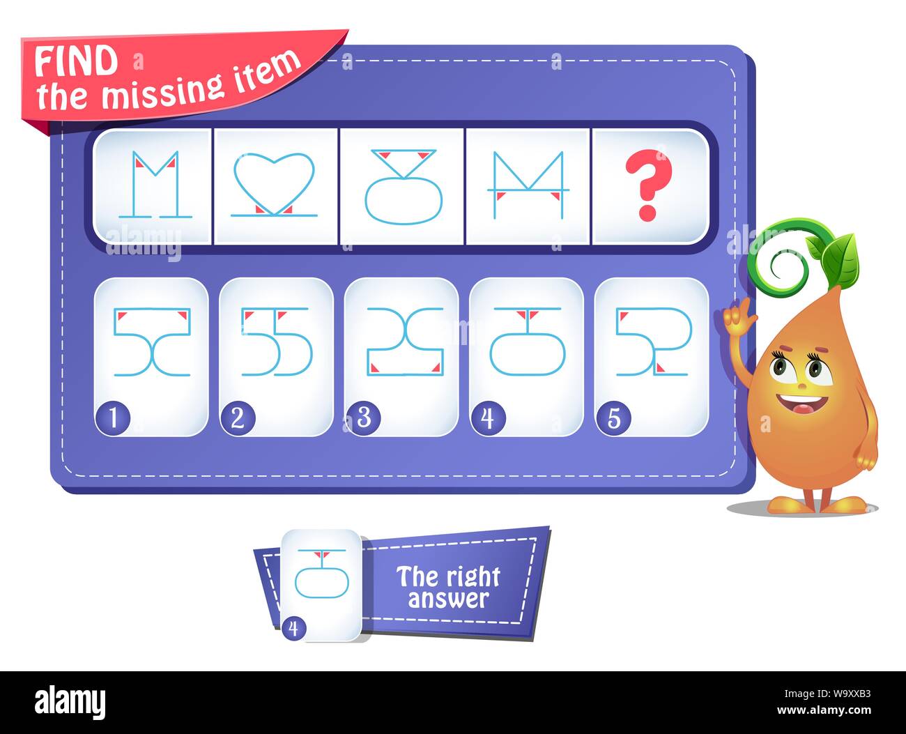 Lernspiel für Kinder und Erwachsene. Entwicklung von Logik, iq. Aufgabe Spiel, was als Nächstes kommt? Stock Vektor