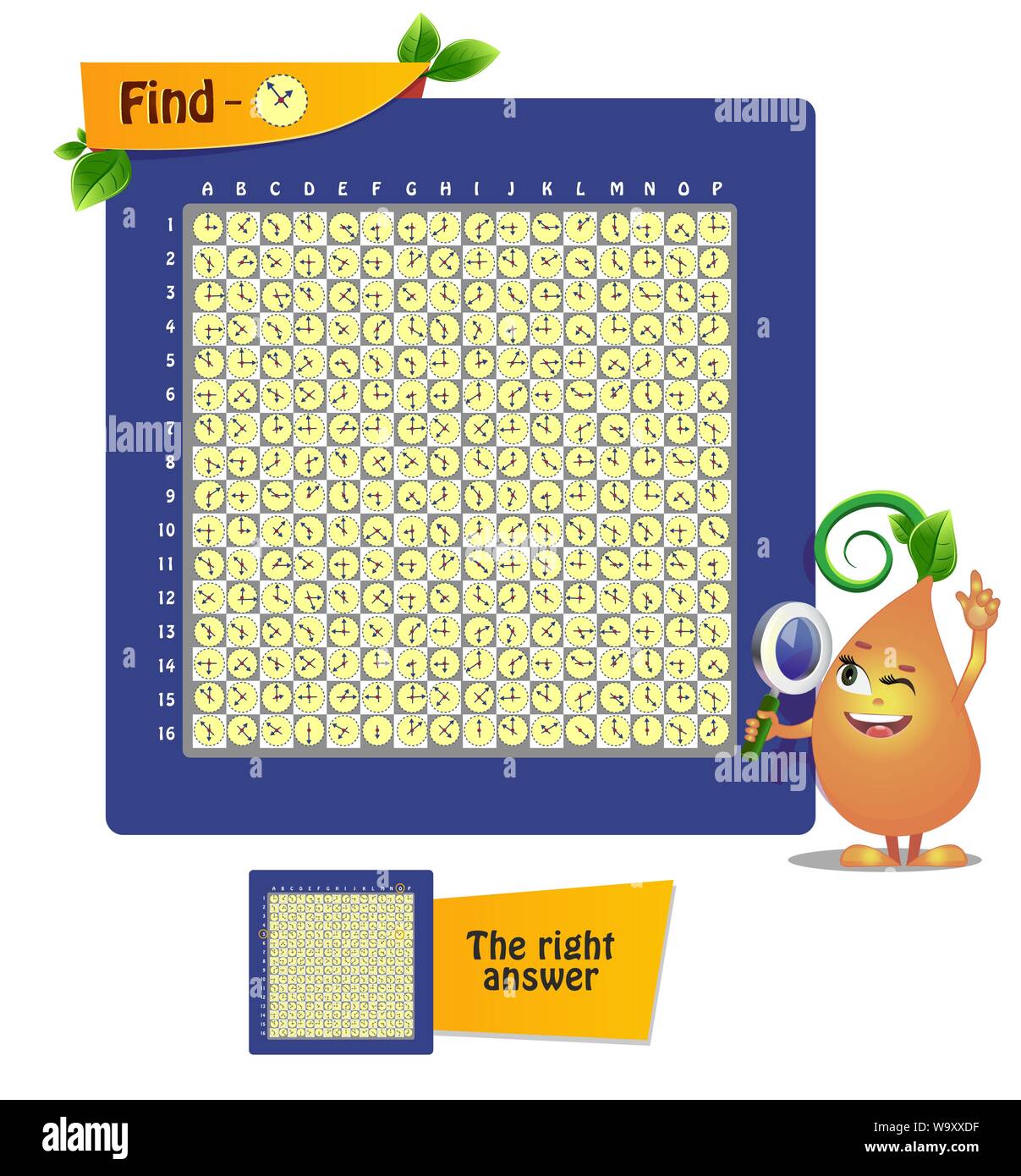 Lernspiel für Kinder und Erwachsene. Spiel Konto, Beobachtung, iq. Finden Sie Zeit für Stunde Stock Vektor