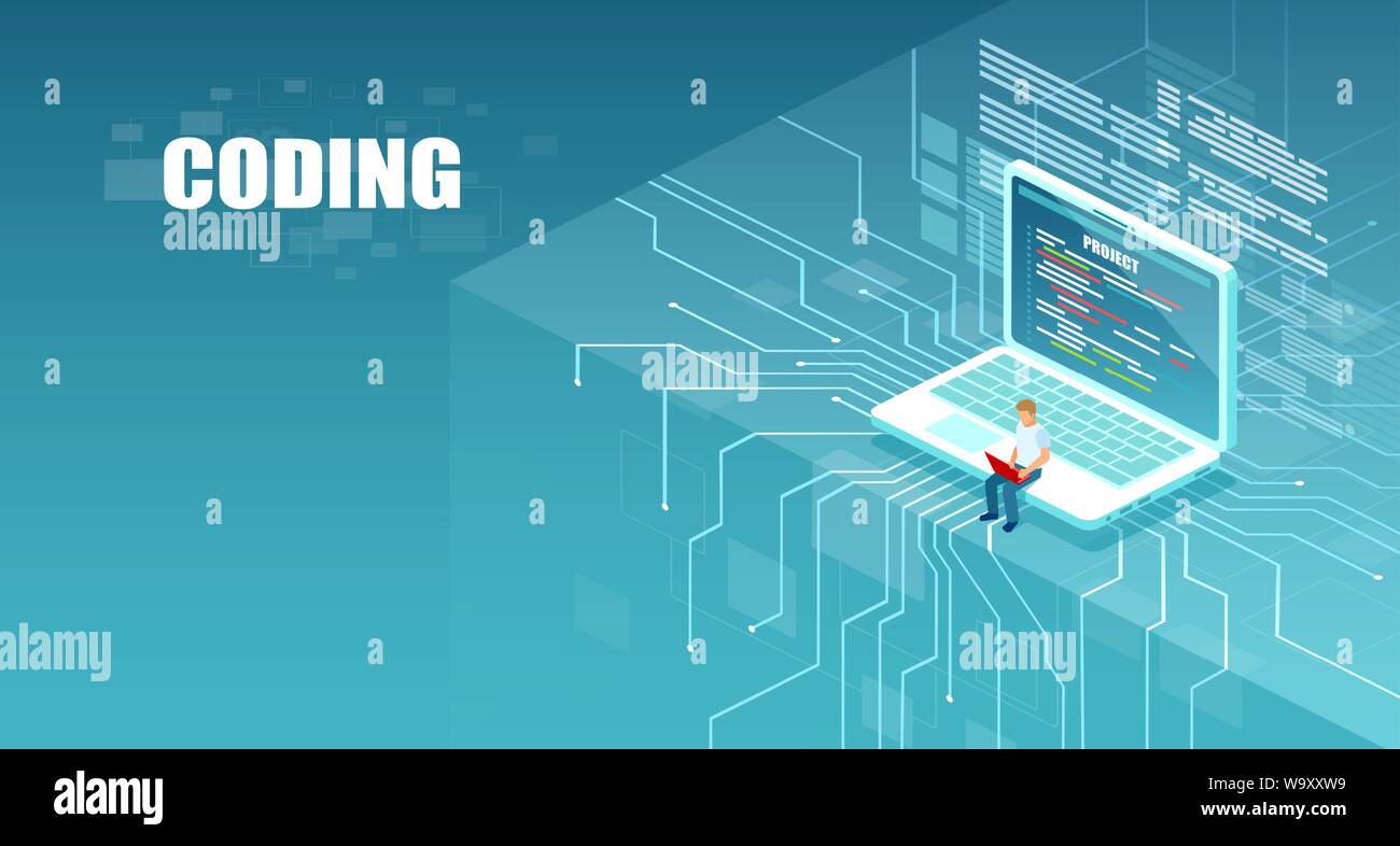 Der Vektor der Programmierer Mann mit Computer Coding, sitzend auf einem Laptop. Stock Vektor