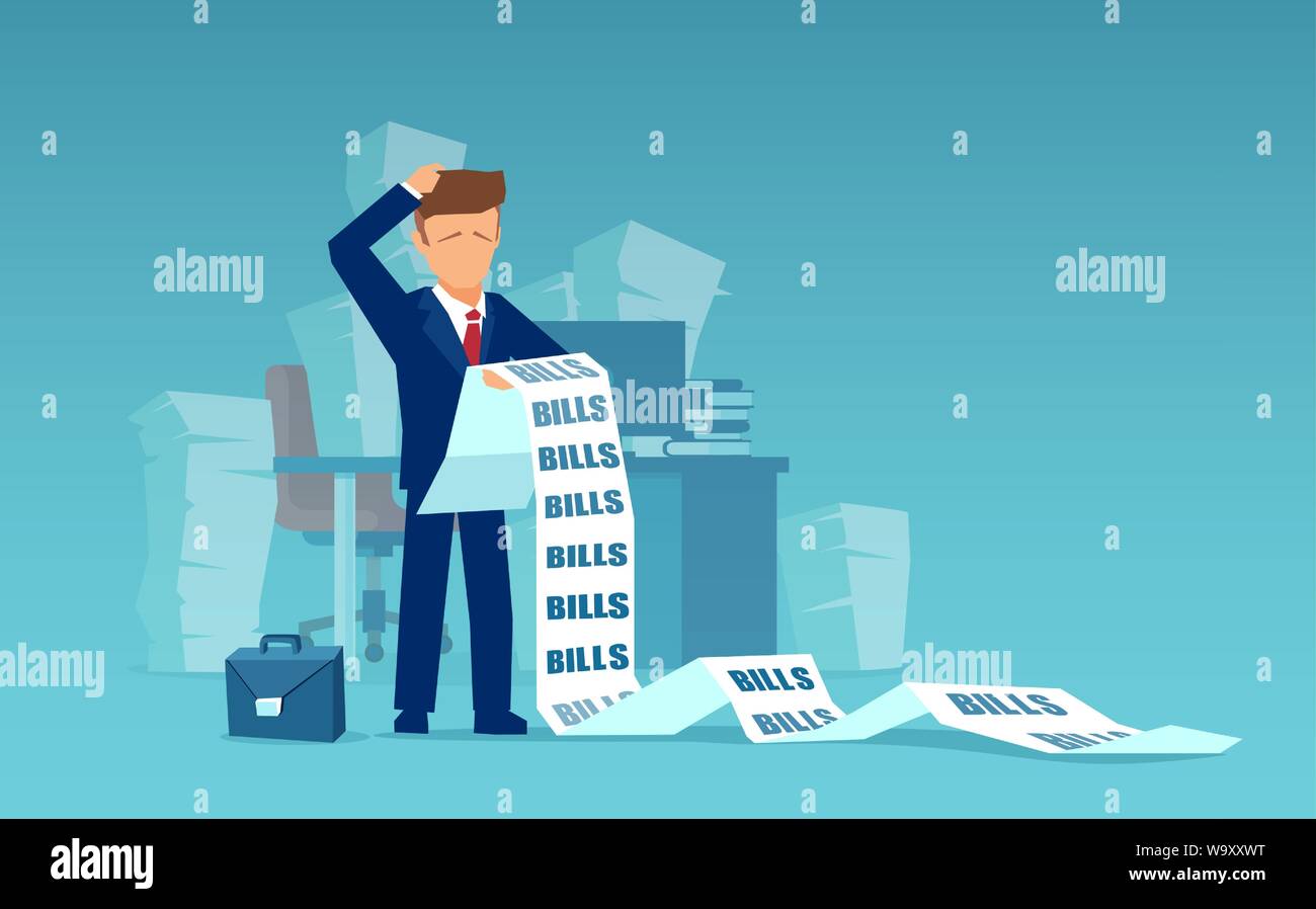 Der Vektor der Ein trauriges Geschäft Mann hält eine lange Liste von finanziellen Rechnungen fühlt sich über zahlen eine Menge Geld besorgt. Stock Vektor