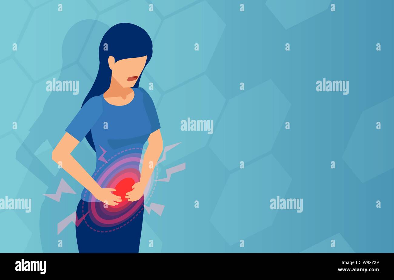 Vektor einer Frau mit Magenschmerzen auf blauem Hintergrund Stock Vektor
