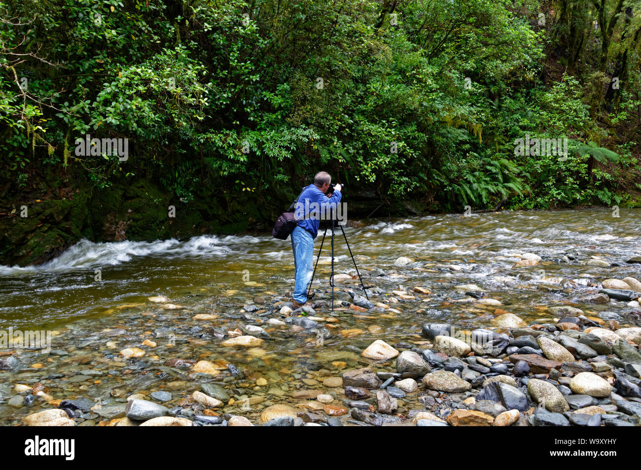 Ein männlicher Fotograf steht in der Mitte von einem Fluss mit seiner Kamera auf einem Stativ Aufnehmen eines Fotos Stockfoto