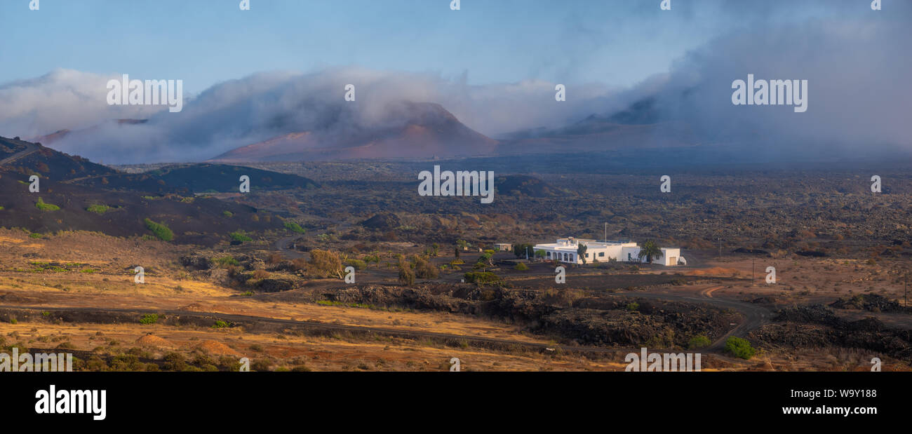 Die Weinberge von La Geria, Lanzarote. Die ungewöhnlichsten Weinberge in Europa. Weinstock wächst an den Hängen der Vulkane direkt auf vulkanische Asche Stockfoto