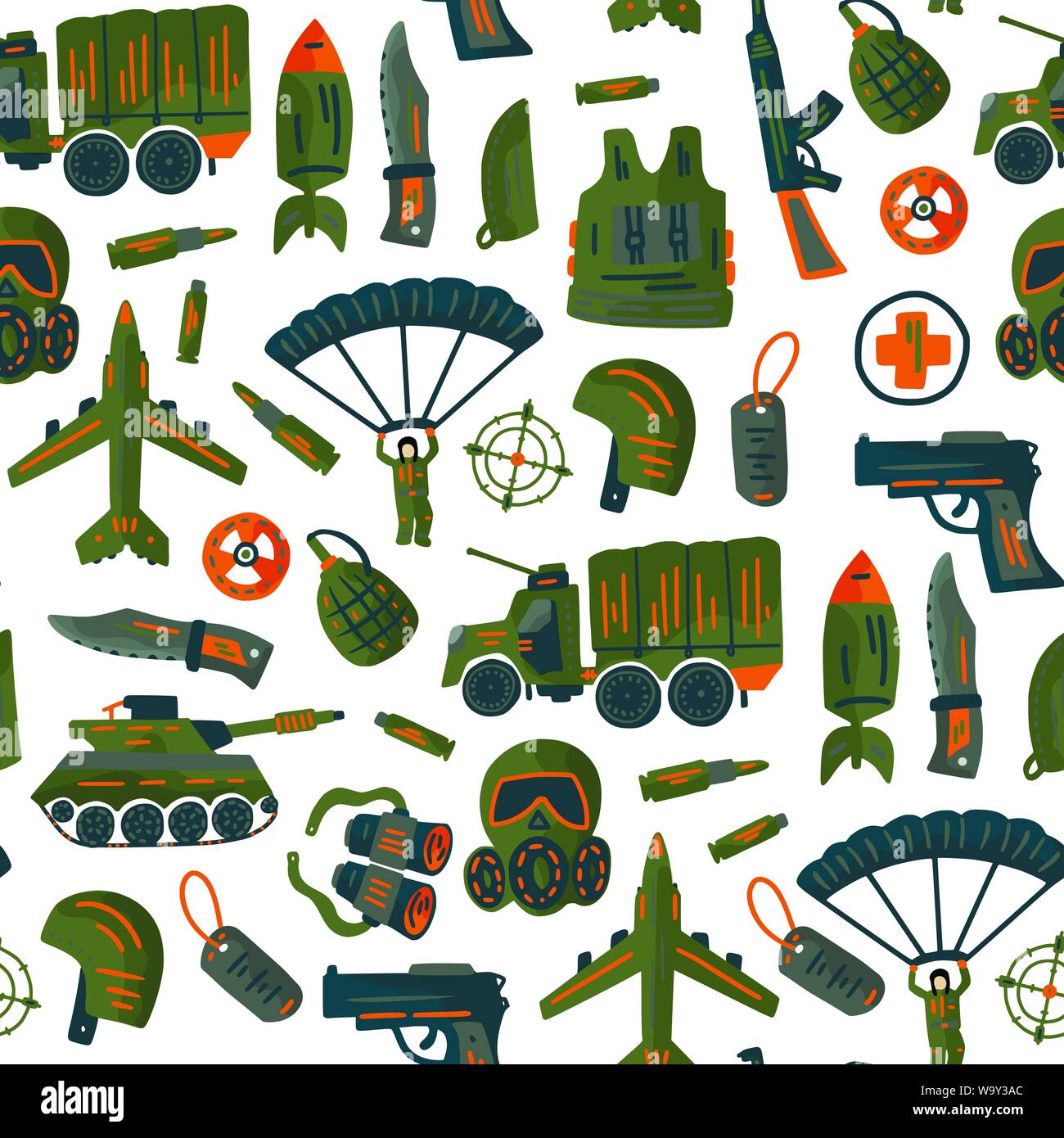 Militär und Armee nahtlose Muster. Vektor Icon mit Tank, Fallschirm, Helm, Gasmaske, Flugzeuge, Fernglas, Messer, Pistole, Rakete, bullet und andere eingestellt Stock Vektor