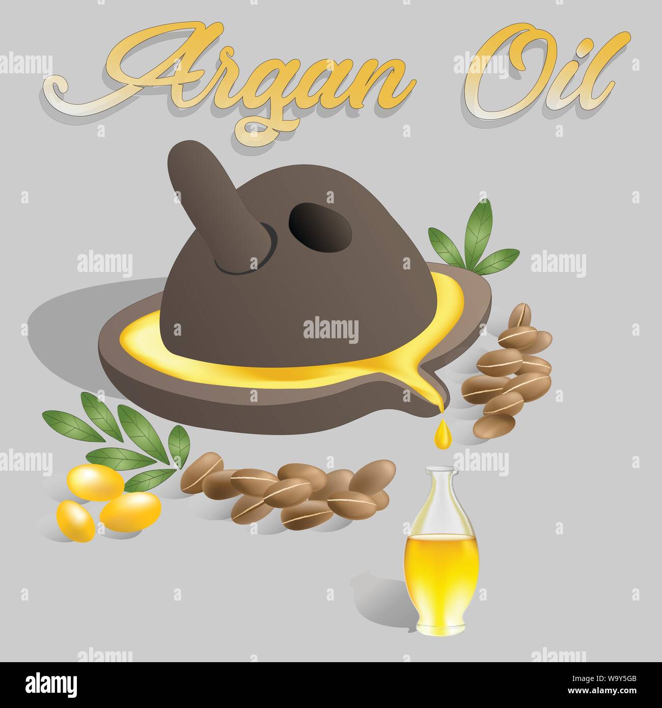 Vektor-Illustration Alter Mühlstein mit Arganöl, das in einer Glasflasche in der Nähe von Arganfrüchten und Argannüssen mit grünen Blättern fließt. Text Arganöl Stock Vektor