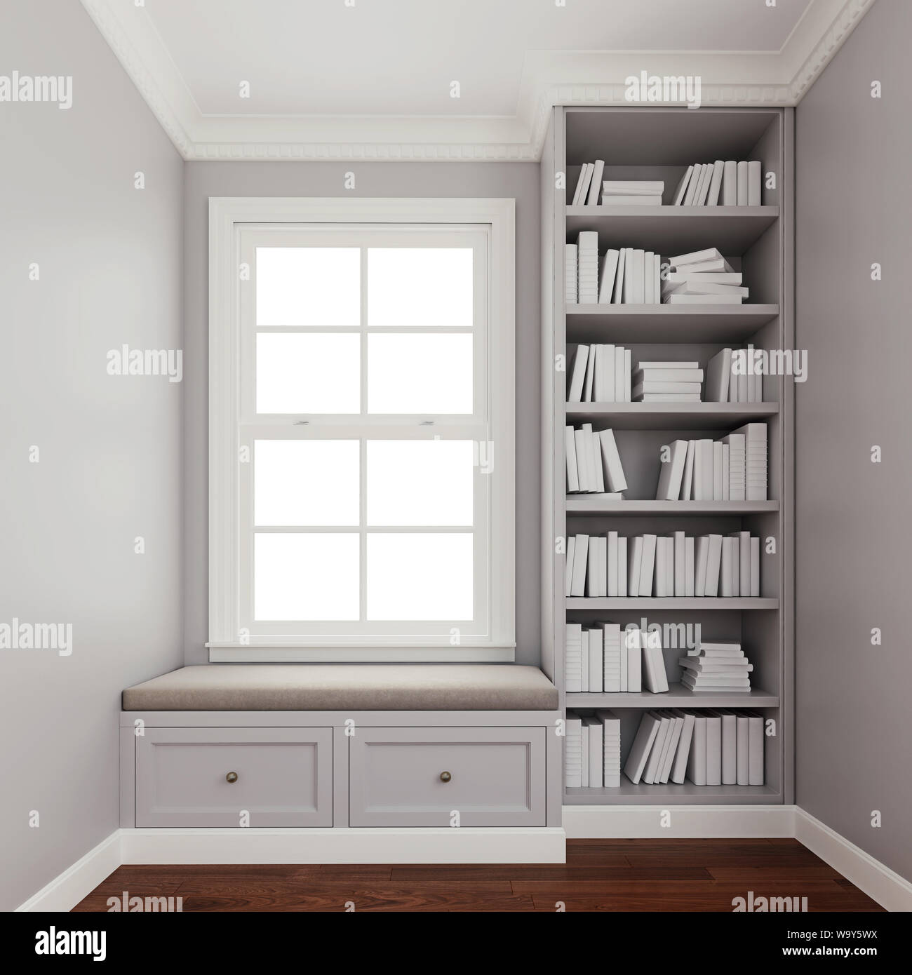 Komfortabel gepolsterten Fenstersitzbank mit Schubladen in einem Fenster nook mit Bibliothek und Bücher. Verkleidung, Spritzguss, Krone und Baseboard in weißer Farbe. 3D-Rendering Stockfotografie