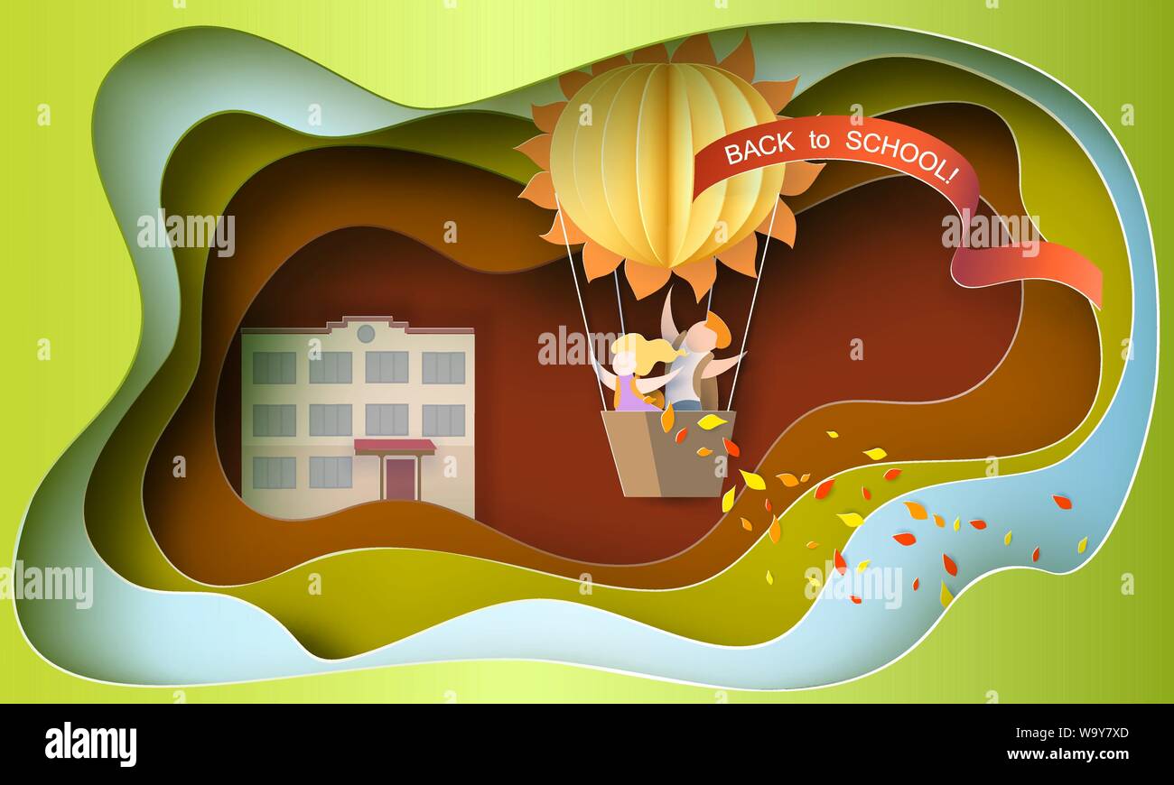 Zurück zu Schule 1. september Karte mit Kindern, Blätter und Sonne geformten Luftballon. Vector Illustration. Papier geschnitten und Handwerk Stil. Stock Vektor