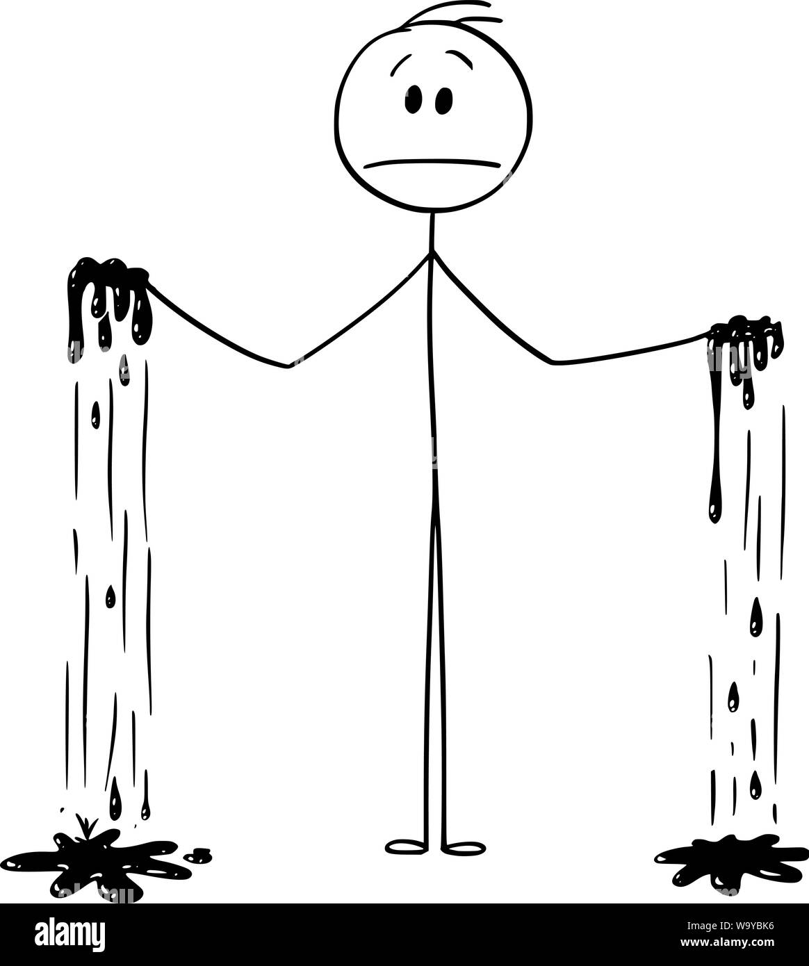 Vektor cartoon Strichmännchen Zeichnen konzeptionelle Darstellung der Mann mit beiden Händen verschmutzt oder schmierig. Stock Vektor