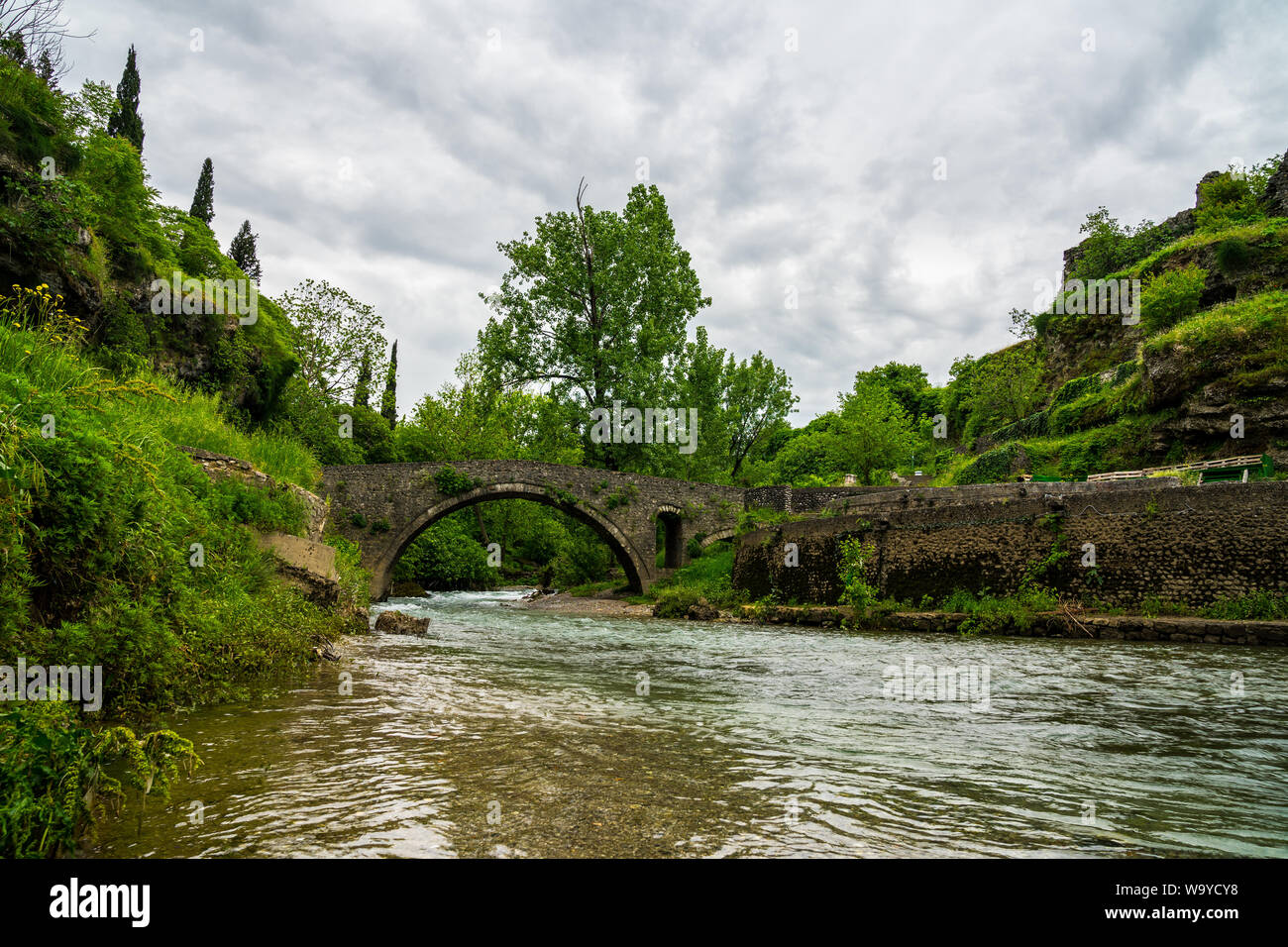 Montenegro, alte steinerne Brücke Stari Most über sauberen Flusses Ribnica im grünen Wald podgorica Stadt na ribnici Stockfoto