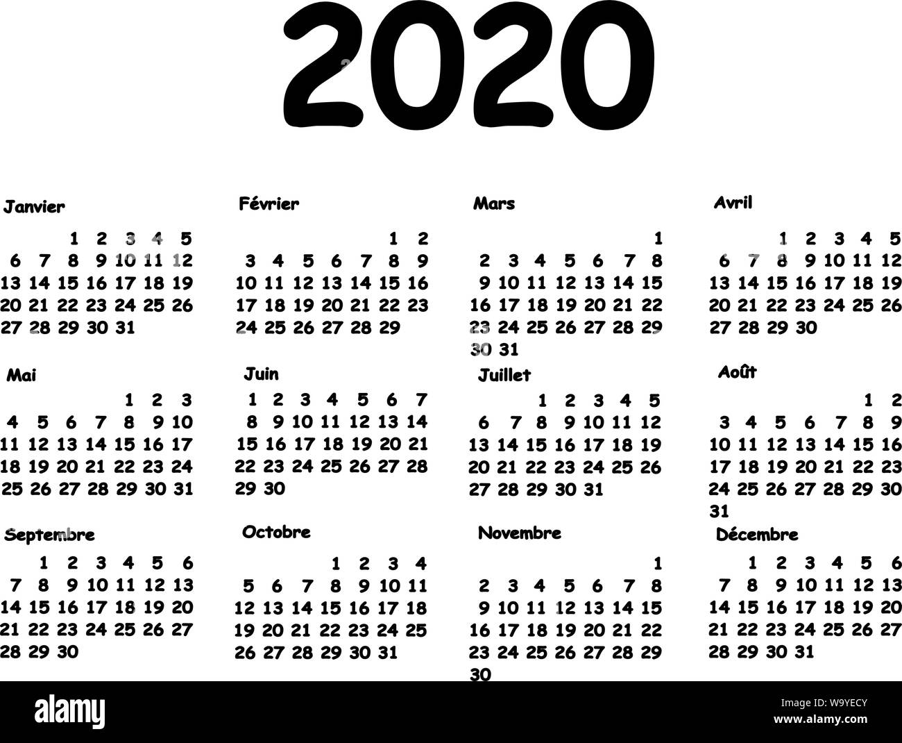 Kalender 2020 Grid französische Sprache. Monatliche Planung für das Jahr. Abbildung für Kalender Design. Stock Vektor