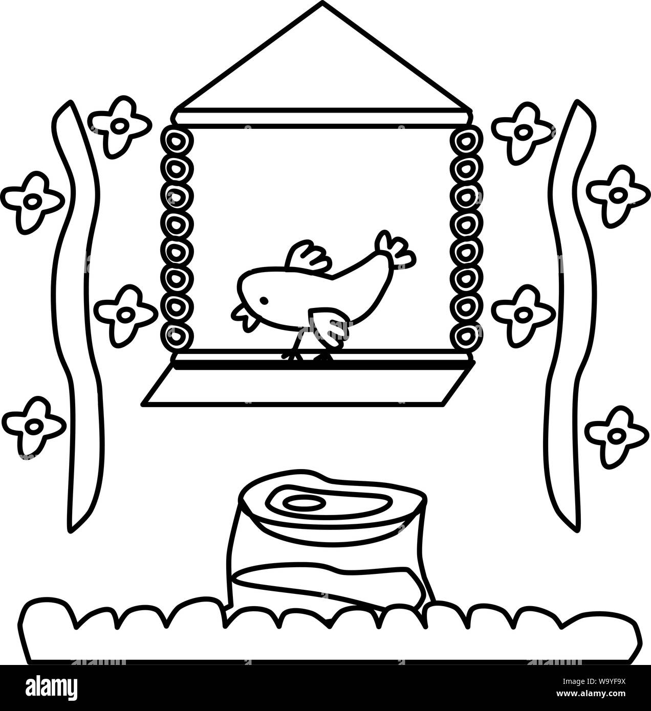 Malbuch Seite für Kinder. Auf swing Vogel. Blumen und stumpf. Kreative Aufgabe für Kind. Weiß Abbildung. Stock Vektor