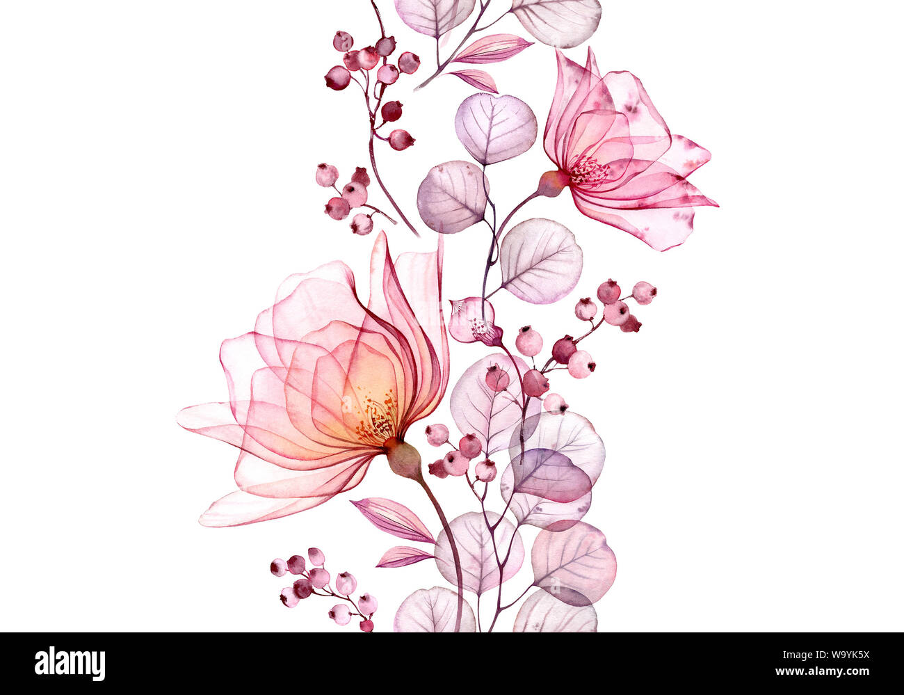 Transparente aquarell Rose. Nahtlose vertikale Grenze floraler Abbildung. Isolierte Hand gezeichneten Anordnung mit Beeren für Hochzeit Design, Briefpapier Stockfoto