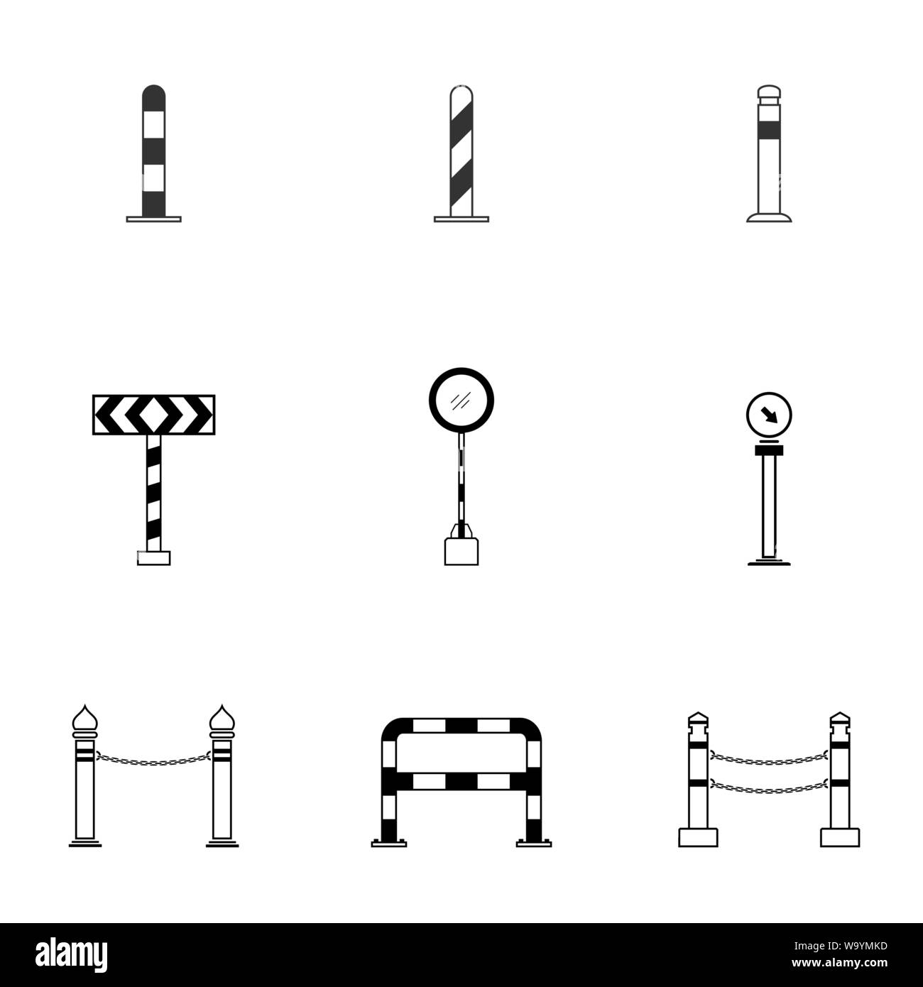 Einstellen der schwarzen und weißen Spalte Poller Symbol mit Guard Post sentry Flat, Vektor, Abbildung Stock Vektor