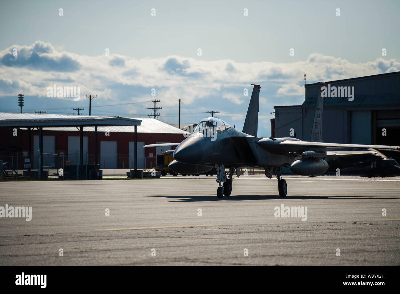 Ein US Air Force F-15 Eagle zu der 67th Fighter Squadron, Kadena Air Base, Japan zugewiesen, Taxis bei allen Army während der Roten Flag-Alaska (RF-A) 19-3 am Fort Greely, Alaska, Aug 8, 2019. Es war das erste Mal, dass der agile combat Beschäftigung Konzept in den RF integriert wurde - ein. (U.S. Air Force Foto von älteren Flieger Isaac Johnson) Stockfoto