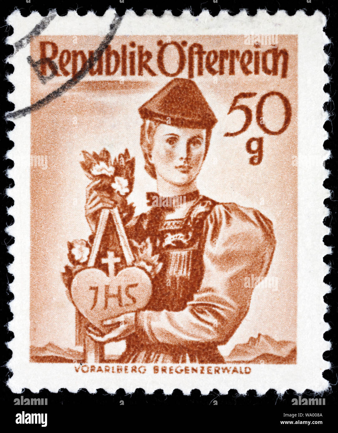 Frau in traditioneller Tracht, Vorarlberg, Bregenzerwald, Briefmarke, Österreich Stockfoto