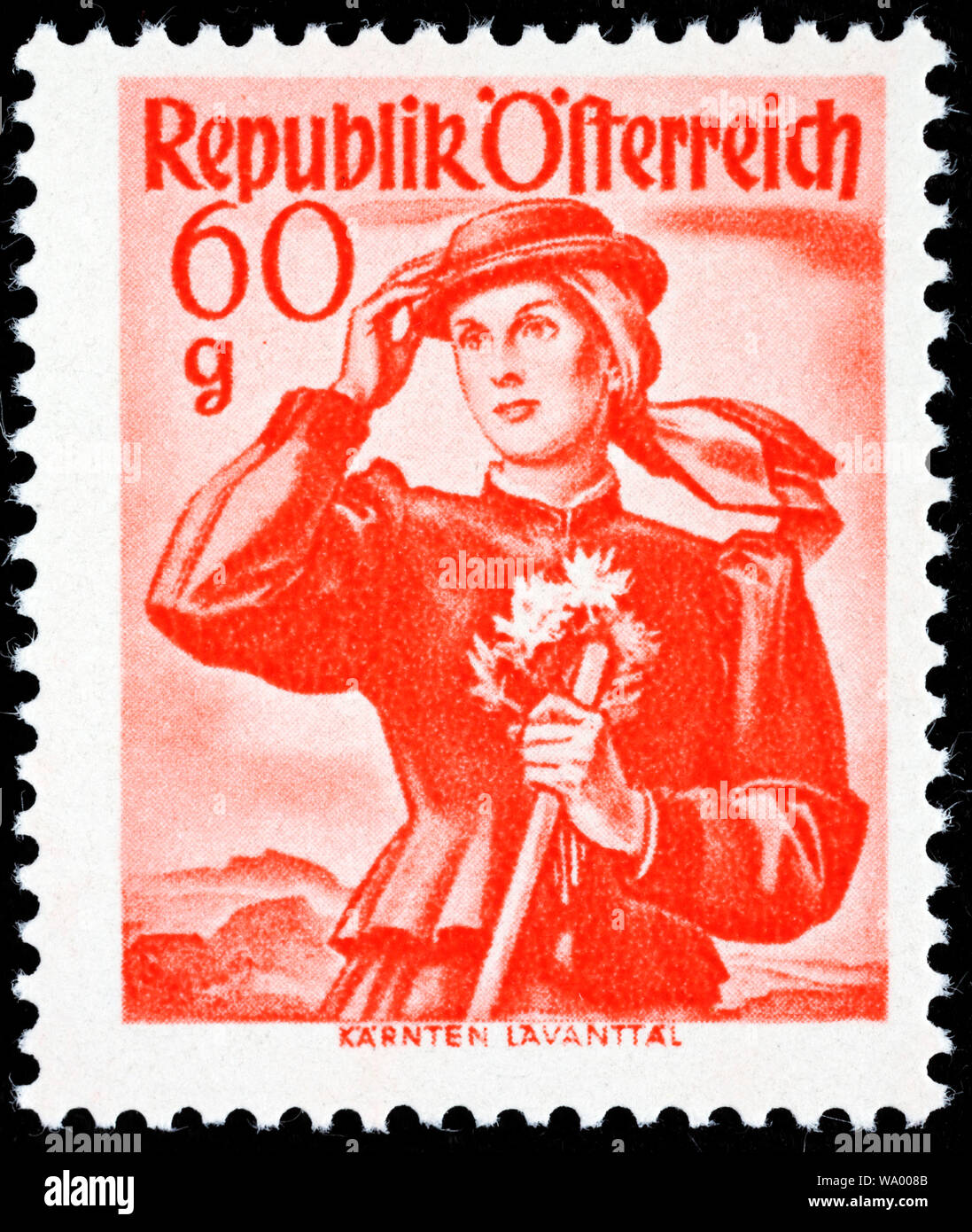 Frau in traditioneller Tracht, Kärnten, Lavanttal, Briefmarke, Österreich Stockfoto