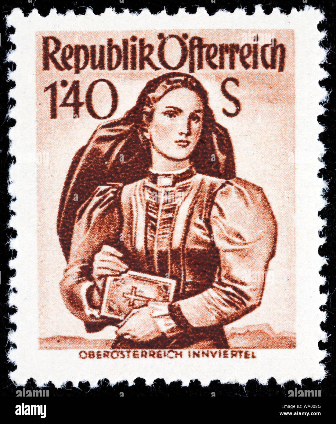 Frau in traditioneller Tracht, Oberösterreich, Innviertel, Briefmarke, Österreich Stockfoto