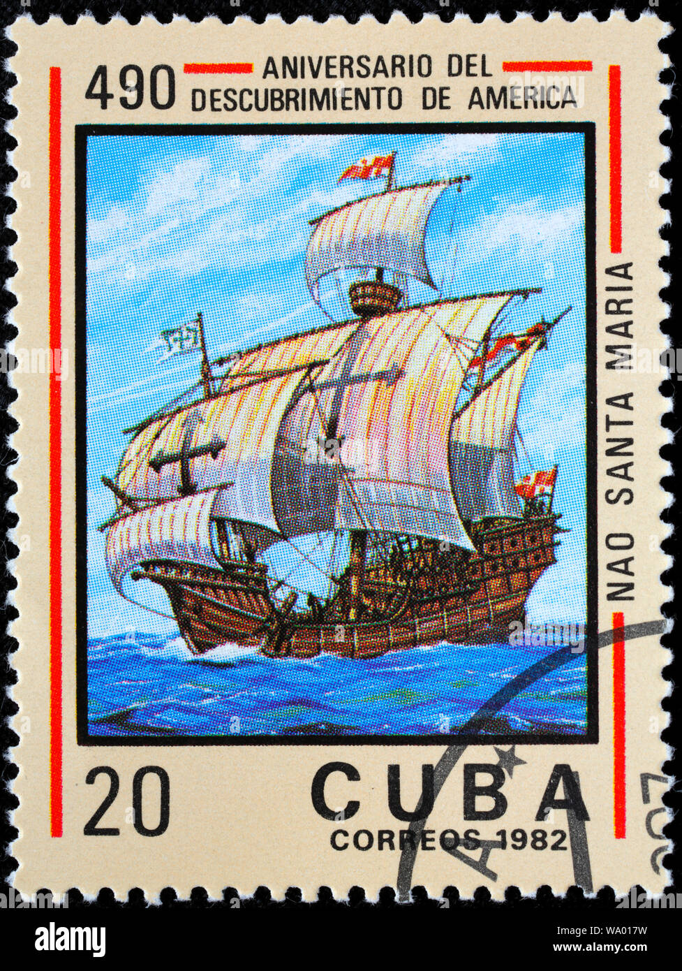 Segel schiff des Columbus, Santa Maria, Briefmarke, Kuba, 1982 Stockfoto