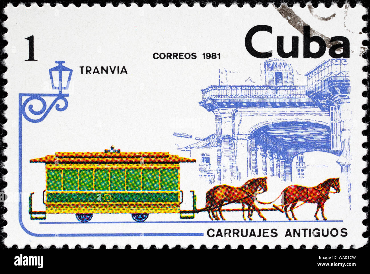 Pferd Straßenbahn, eine Strassenbahn, alte Kutsche, Briefmarke, Kuba, 1981 Stockfoto