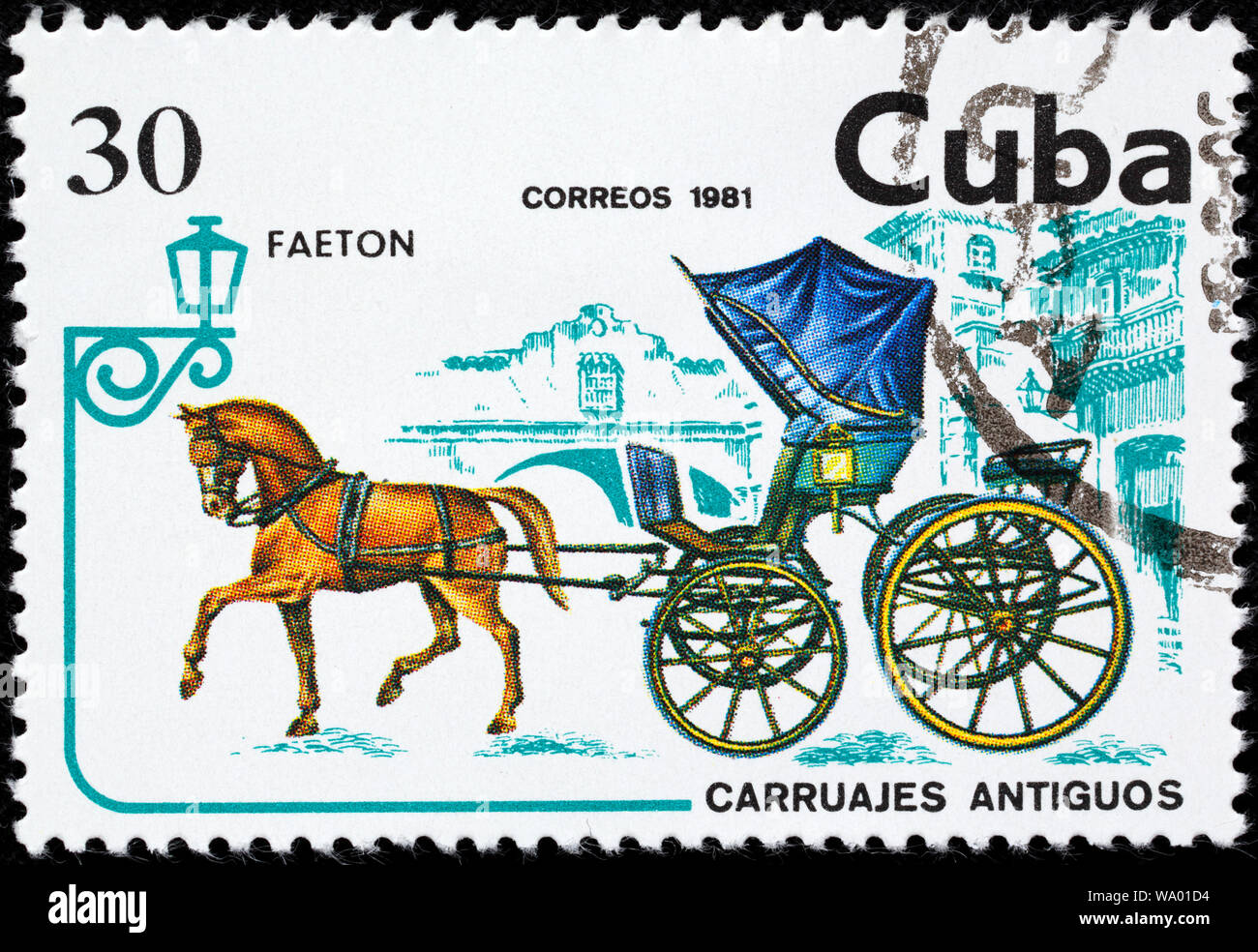 Phaeton, alte Kutsche, Briefmarke, Kuba, 1981 Stockfoto