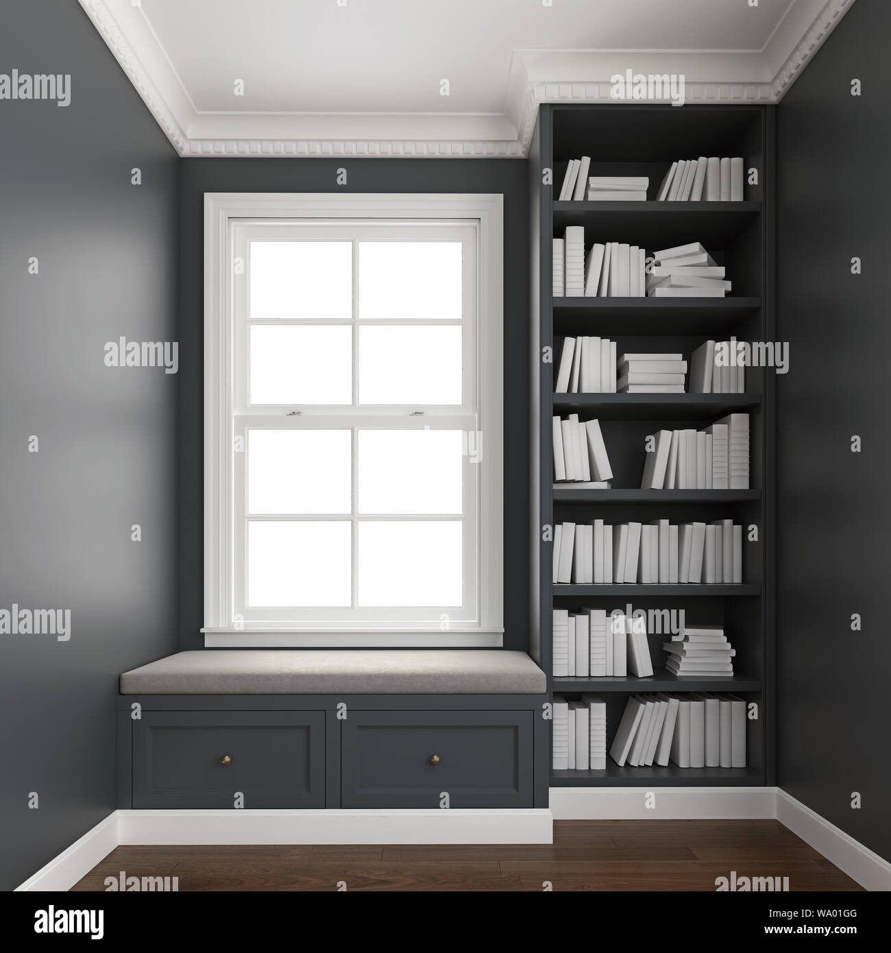 Komfortabel gepolsterten Fenstersitzbank mit Schubladen in einem Fenster nook mit Bibliothek und Bücher. Verkleidung, Spritzguss, Krone und Baseboard in weißer Farbe. 3D-Rendering, Stockfoto
