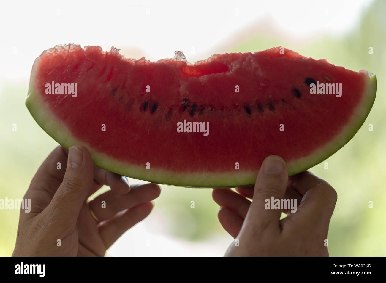 Sommer Obst Wassermelone, männliche Hände halten ein Stück Wassermelone Stockfoto