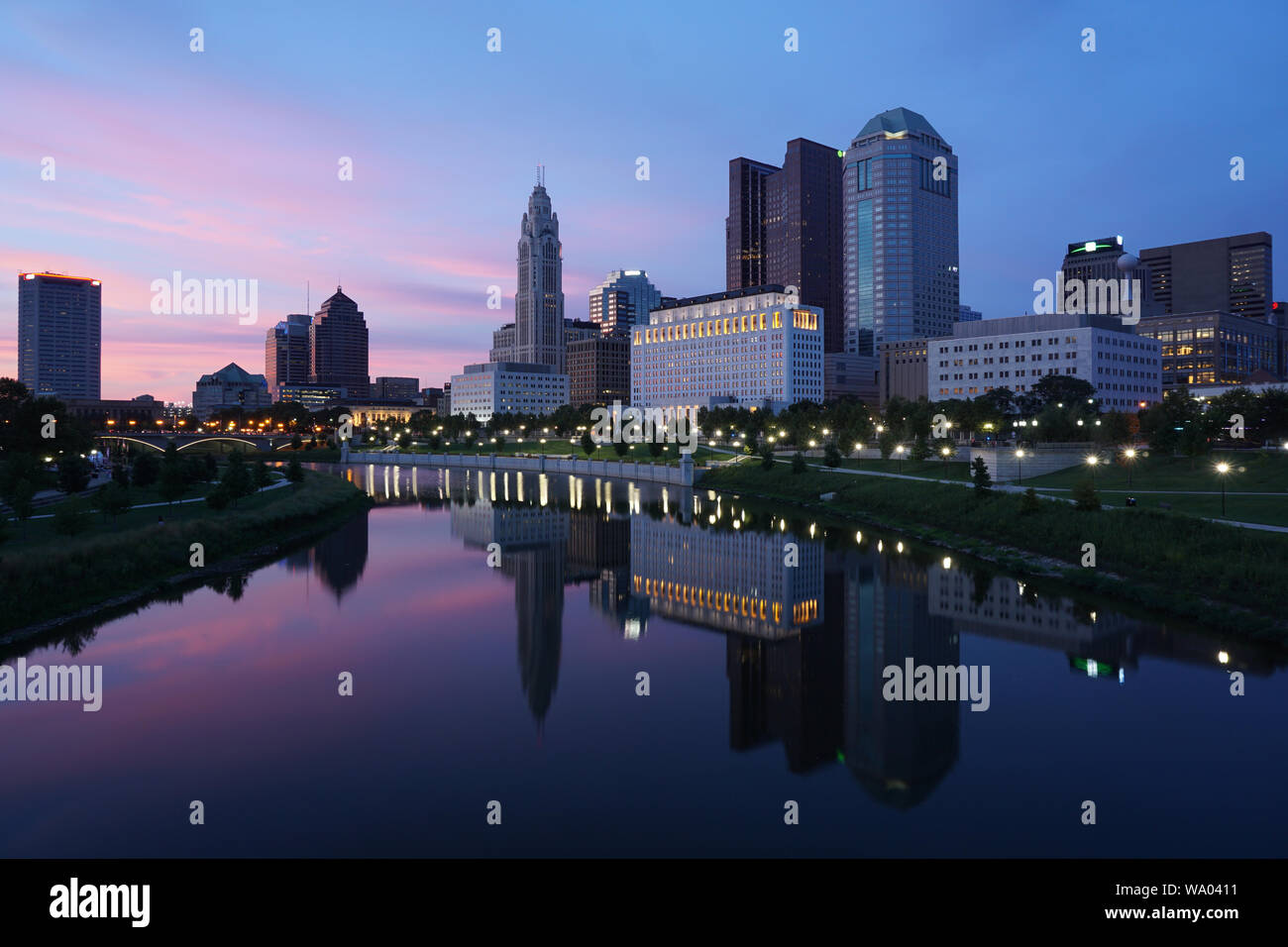 Columbus Ohio Skyline bei Sonnenuntergang Stockfoto