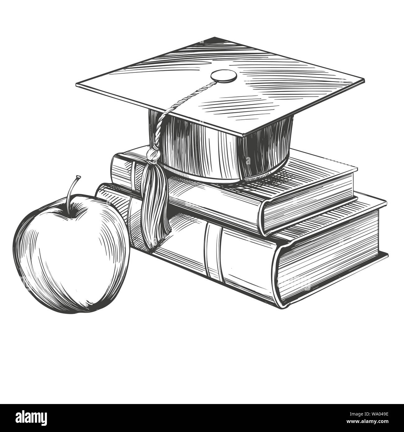 Absolvent Gap und Bücher, Bildung vintage set Hand gezeichnet Vektor-illustration realistische Skizze Stock Vektor