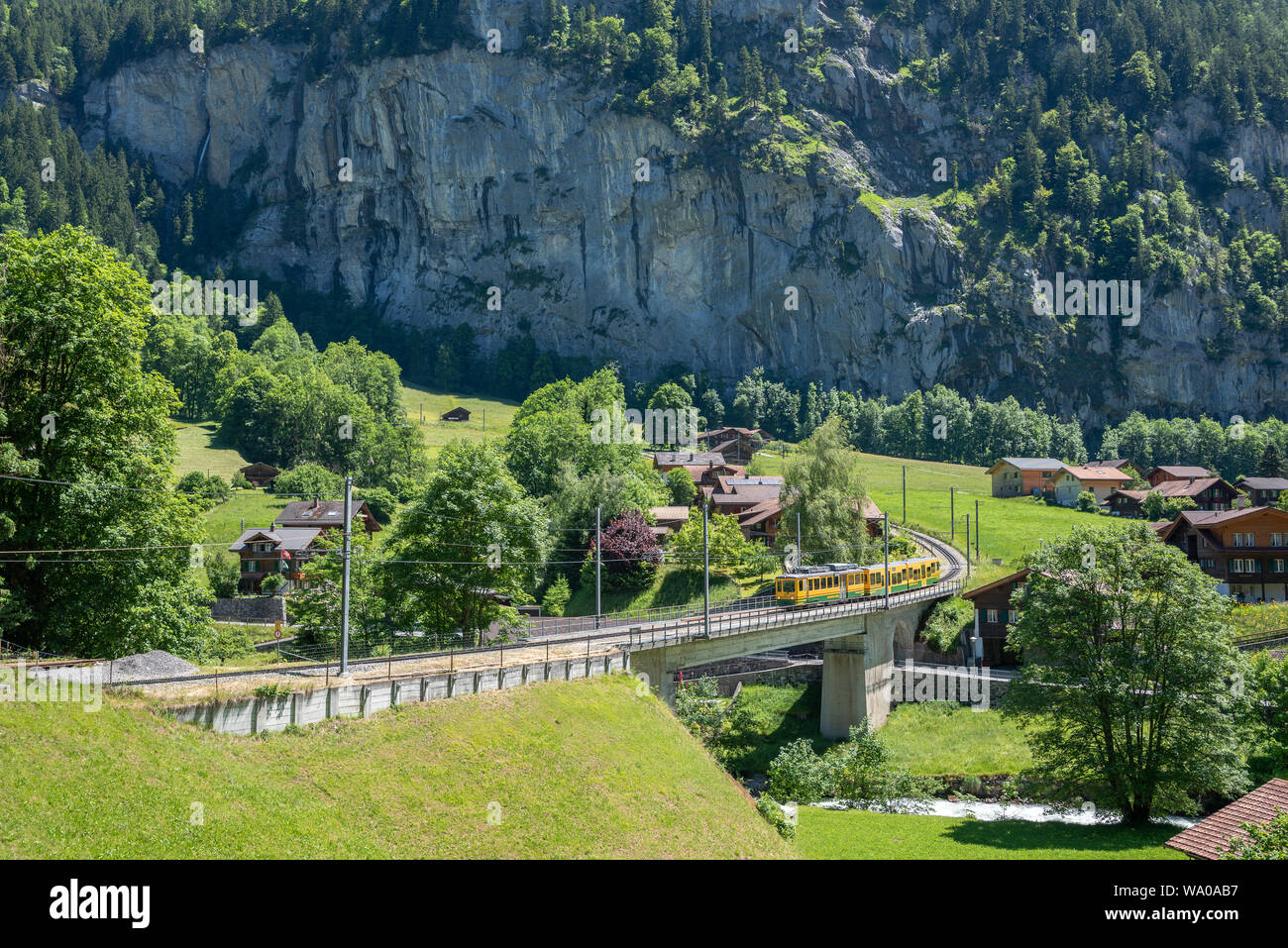 Wengernalpbahn Eisenbahn, Lauterbrunnen, Berner Oberland, Schweiz, Europa Stockfoto