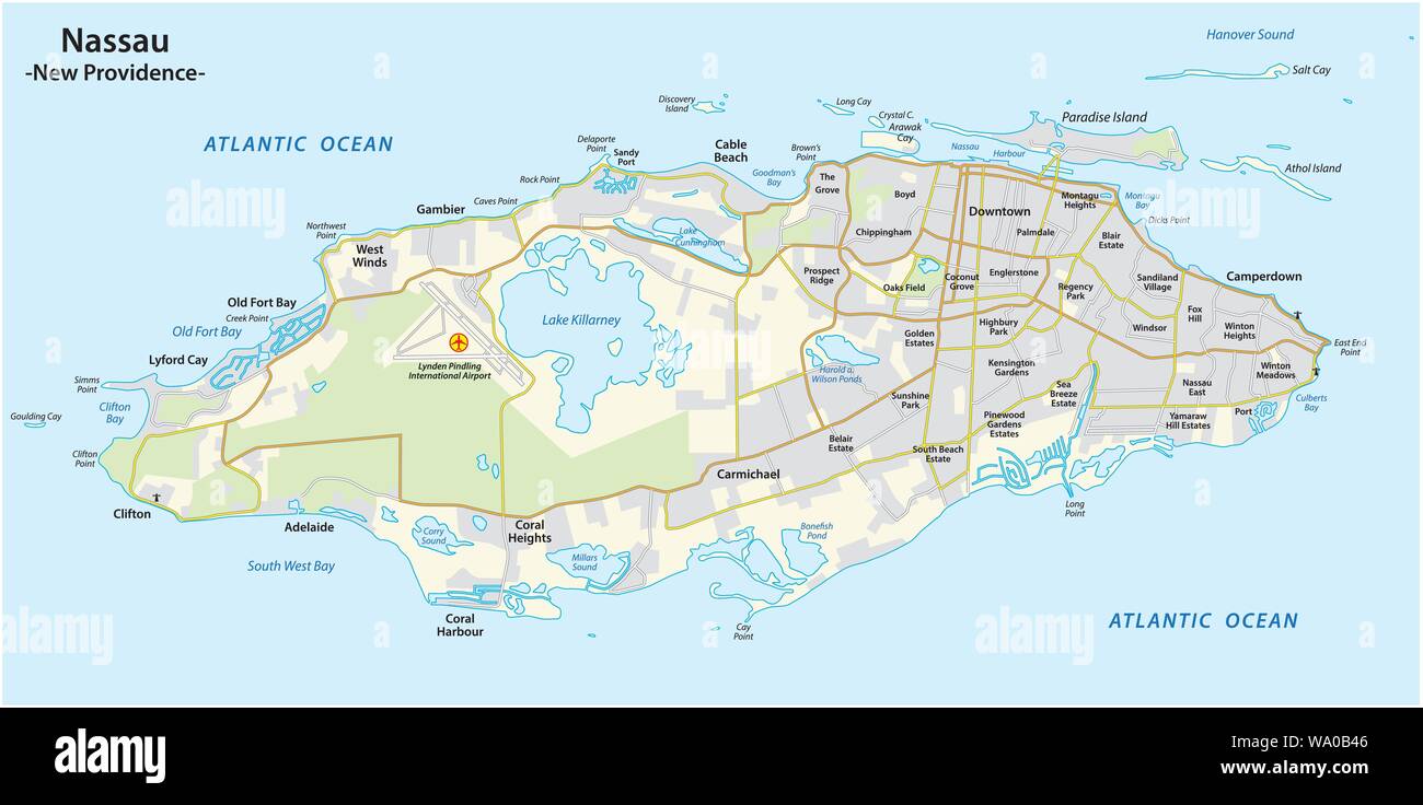 Karte von Nassau, der Hauptstadt der Bahamas auf der Insel New Providence Stock Vektor