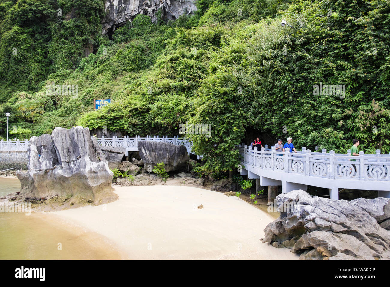 Gehweg mit glücklichen Touristen wieder vom Besuch Hang Dau Go cave auf Dau Go Insel. Halong Bucht in das Südchinesische Meer. Vietnam, Asien Stockfoto