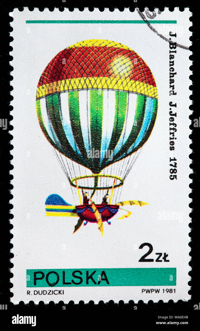 Ballonfahrt, Jean-Pierre Blanchard, Jeffries, 1785, Briefmarke, Polen, 1981 Stockfoto