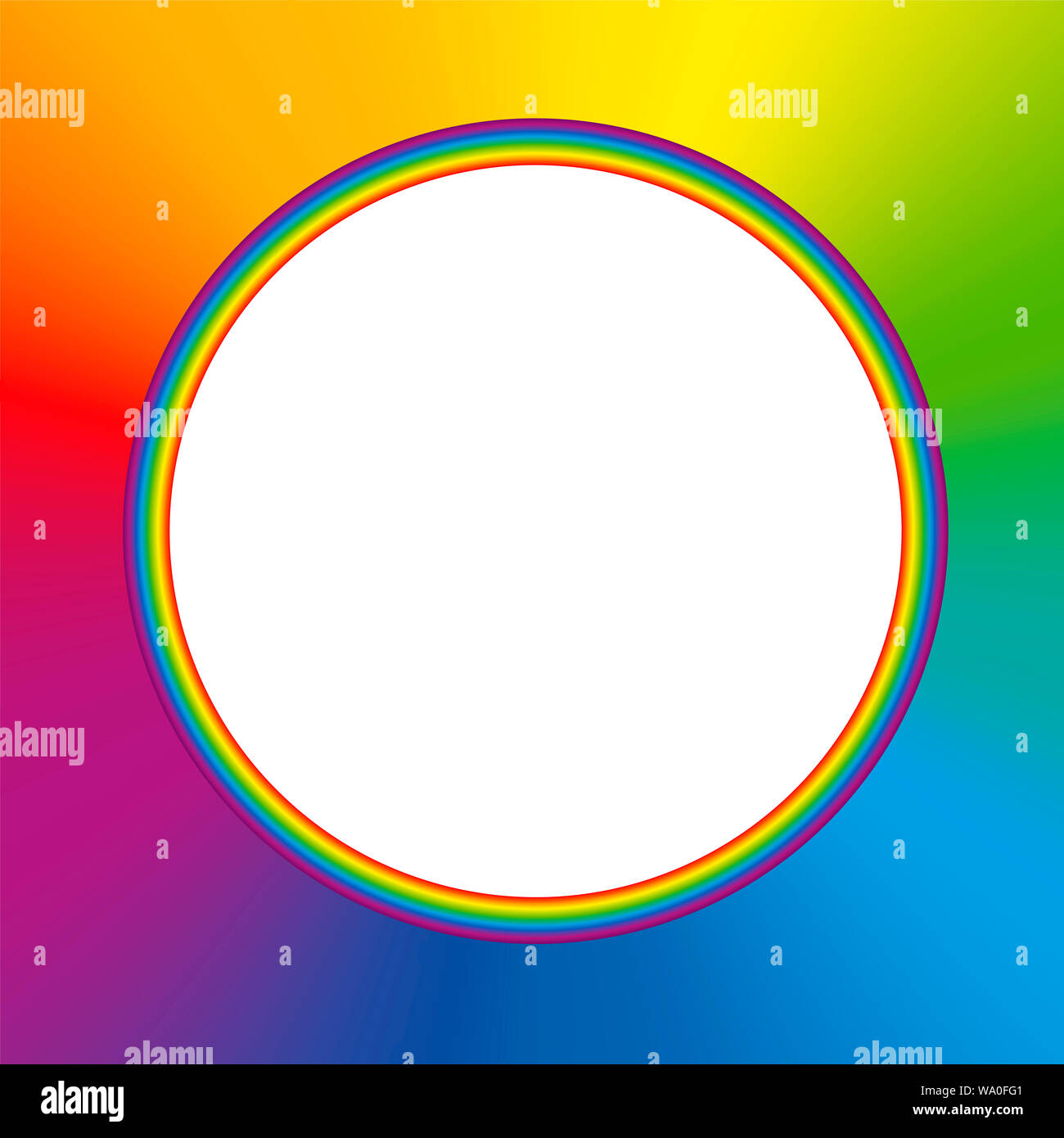 Regenbogenfarbige runden Rahmen mit bunten Regenbogen Farbverlauf Hintergrund und weiße leere Mitte. Stockfoto