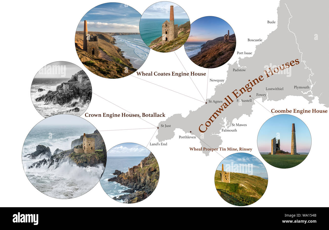Karte von Cornwall, mit fotografischen Bildern von Cornish Engine Häuser, darunter, Coombe, Wheal Prosper, Botallack, Wheal Coates und wichtige Städte in C Stockfoto